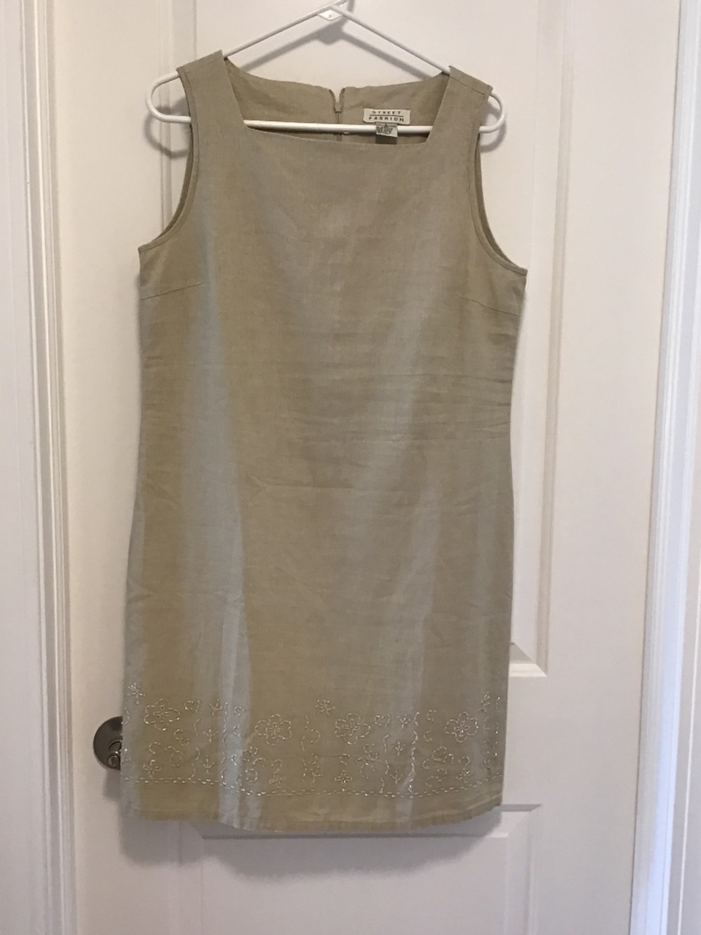 Beige Linen Blend Dress with Embroidery Trim - Size L - NWOT